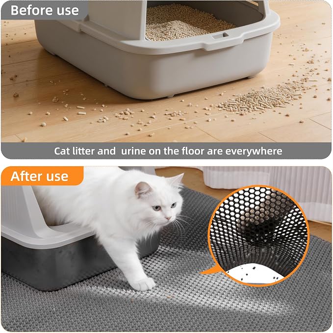 Cat Litter Mat 47"x33" Urine-Proof XL Litter Mat for Litter Box Mat | Large Double Layer Honeycomb Cat Mat, Soft kitty Cat Litter Trapping Mat, Easy Clean Rinse with Water Litter Trapping Grey