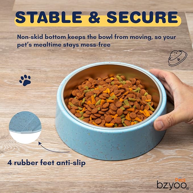 bzyoo 32oz 4CUP Dog & Cat Bowl, Sprinkle Design, Slanted Stainless Steel Pet Bowl with Removable Inner Bowl, Non-Slip Silicone Base, Dishwasher Safe, for Dry/Wet/Raw Food & Water (Blue)