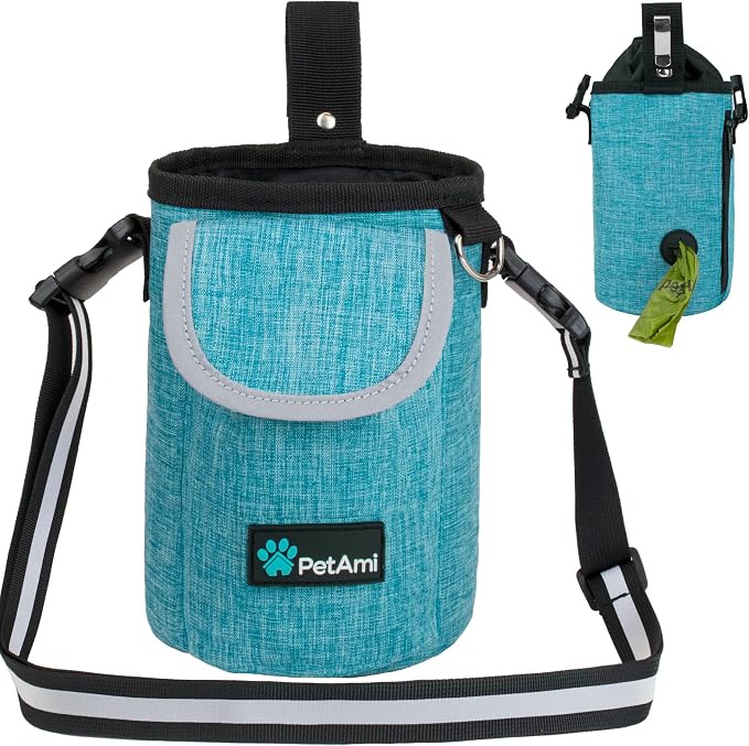 PetAmi Dog Treat Pouch, Large Hands-Free Training Bag, Teal Sea Blue | Built-In Poop Bag Dispenser, Holds 3 Cups Of Treats, 4 Ways to Wear, D-Ring, Reflective Strap, Dog Treat Bag for Walking