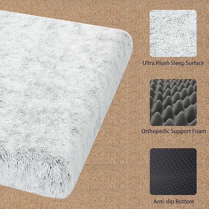 Orthopedic Long Plush Cover Dog Bed,Large XXL Sized Dog 47''X29''x4'' Soft Waterproof Egg Foam Pet Crate Beds Mat or Kennel Pads with Removable Washable Cover,Non-Slip Bottom,Light Grey