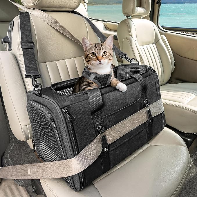 PETSFIT Soft-Sided Cat Carrier with Patented Safety Buckles, Lockable Zippers & Safety Tether,Escape-Resistant Travel Pet Carrier for Car Rides & Vet Visits, Airline Approved Under-Seat, Up to 12 lbs