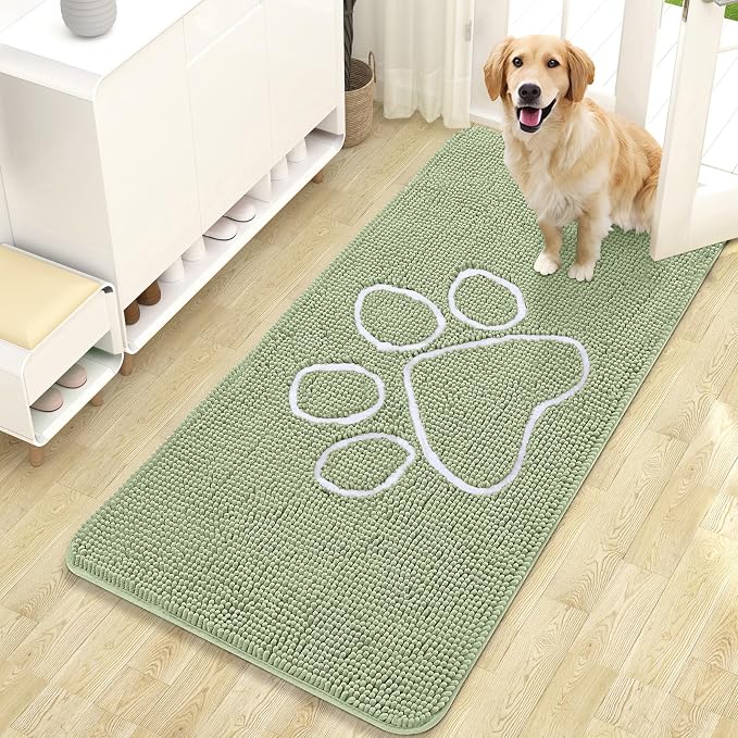 OLANLY Dog Door Mat for Muddy Paws 47x24, Paw Print Design Chenille Mud Mat | Sage Green, Absorbent, Traps Moisture and Dirt, Non-Slip Washable Doormat, Quick-Drying Indoor Entryway Floor Carpet for Dogs