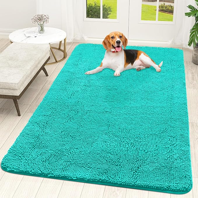OLANLY Dog Door Mat for Muddy Paws 59x35, Super Absorbent Chenille Mud Mat | Teal, Absorbs Moisture and Dirt, Non-Slip Machine Washable Doormat, Quick-Drying Indoor Entryway Floor Carpet for Dogs