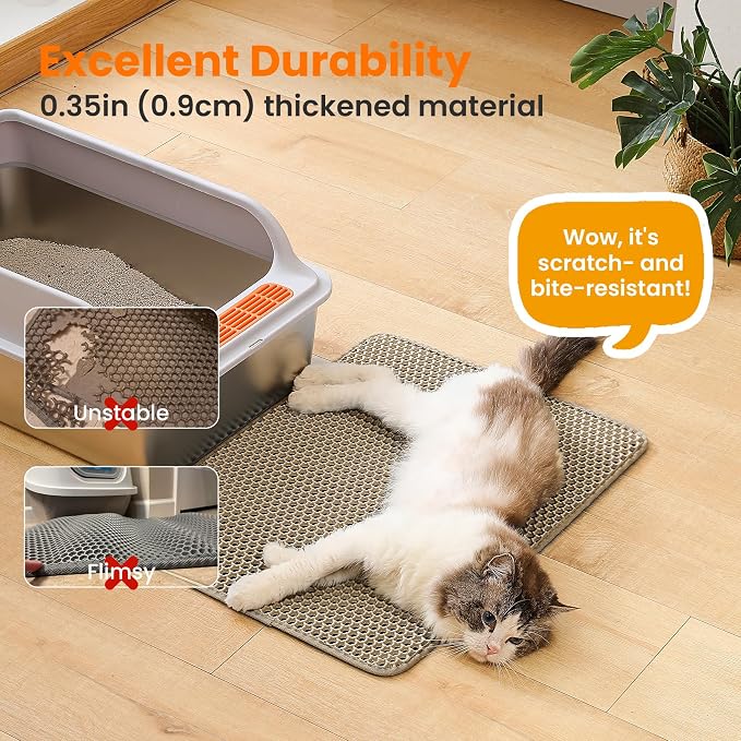 Cat Litter Mat, Double Layer Honeycomb Litter Box Mat | 24x18”, Efficient Litter Trapping, Easy to Clean, Waterproof, Non-Slip, Soft on Paws, Scratch Resistant, Beige, Large