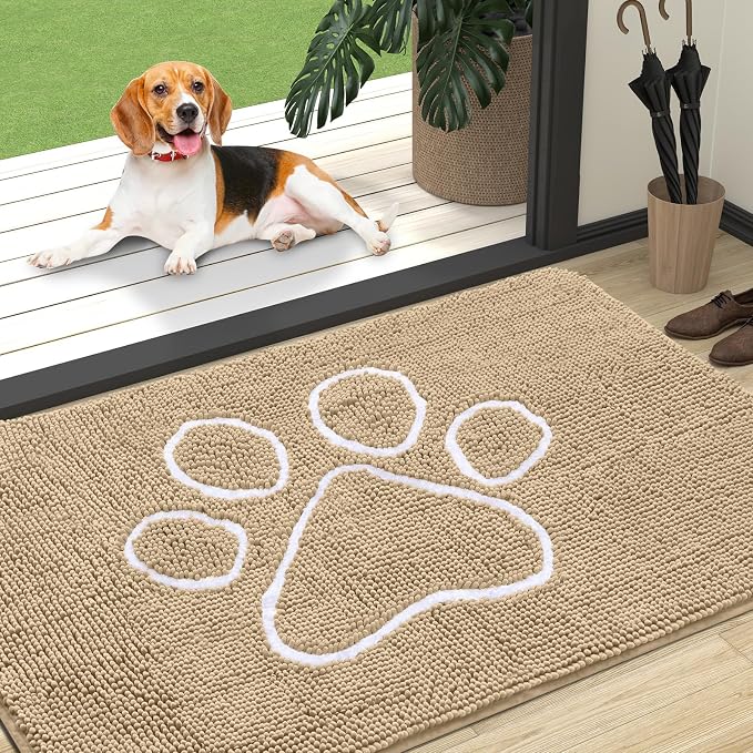 OLANLY Dog Door Mat for Muddy Paws 47x32, Paw Print Design Chenille Mud Mat | Beige, Absorbent, Traps Moisture and Dirt, Non-Slip Washable Doormat, Quick-Drying Indoor Entryway Floor Carpet for Dogs