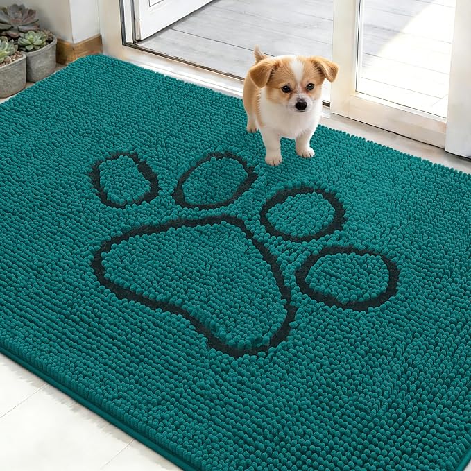 OLANLY Dog Door Mat for Muddy Paws 48x30, Paw Print Design Chenille Mud Mat | Lake Blue, Absorbent, Traps Moisture and Dirt, Non-Slip Washable Doormat, Quick-Drying Indoor Entryway Floor Carpet for Dogs
