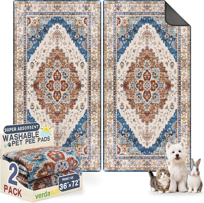 Washable Pee Pads for Dogs, Reusable Puppy Potty Training Pads, Ultra-Absorbent Thick Waterproof Leak-Proof Non-Slip Pads & Mat for Crate, Playpen, Floor, Whelping & Housebreaking , 2 Pack 36"x72"