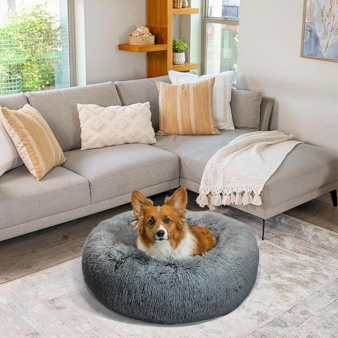 Best Friends by Sheri The Original Calming Donut Dog Bed for Medium Dogs up to 45 lbs, Shag Faux Fur, Gray, Medium, 30" x 30"
