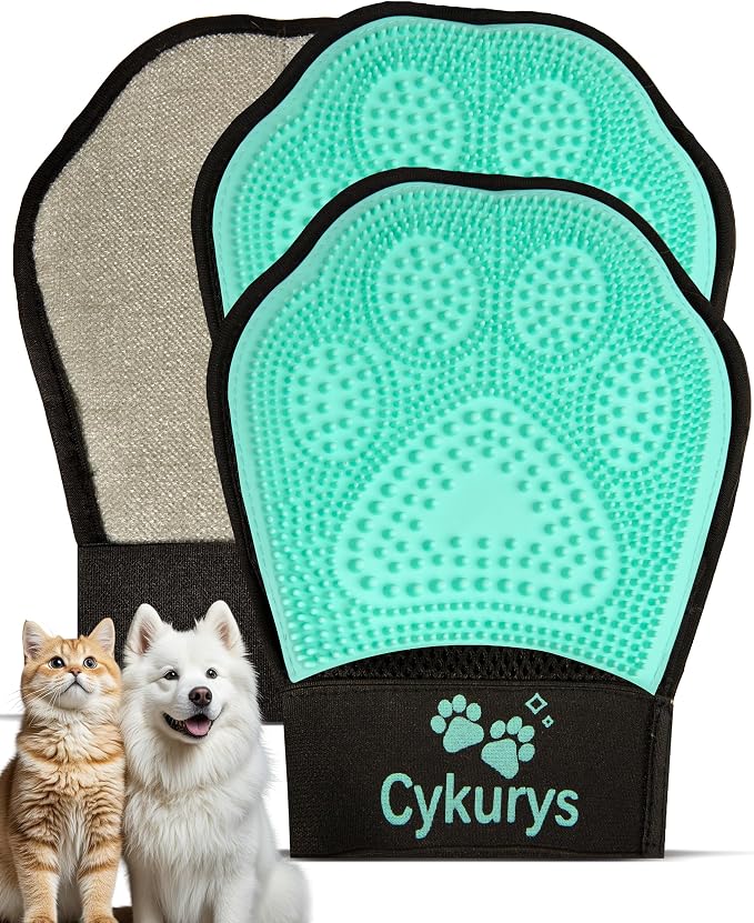 Pet Hair Removal Glove for Dogs & Cats, 2-Pack Grooming Gloves | 2-in-1 Double-Sided Design, Electrostatic Hair Remover for Clothes & Furniture + Silicone Brush for Deshedding Dogs & Cats