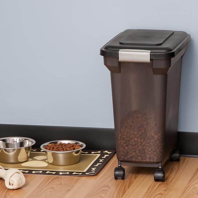 IRIS USA Dog Food Storage Container, Up to 22 lbs, Smoke, Made in USA | Wheels for Mobility, Airtight Seal, BPA-Free, Best for Cat Food, Bird Seed, Chicken Feed, Pet Toys, Treats, Pellets