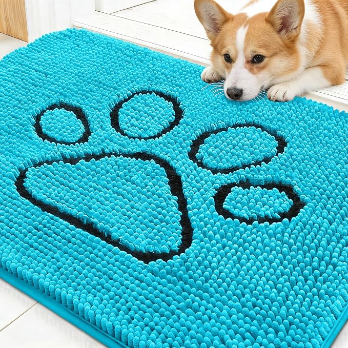 OLANLY Dog Door Mat for Muddy Paws 30x20, Paw Print Design Chenille Mud Mat | Aqua Blue, Absorbent, Traps Moisture and Dirt, Non-Slip Washable Doormat, Quick-Drying Indoor Entryway Floor Carpet for Dogs