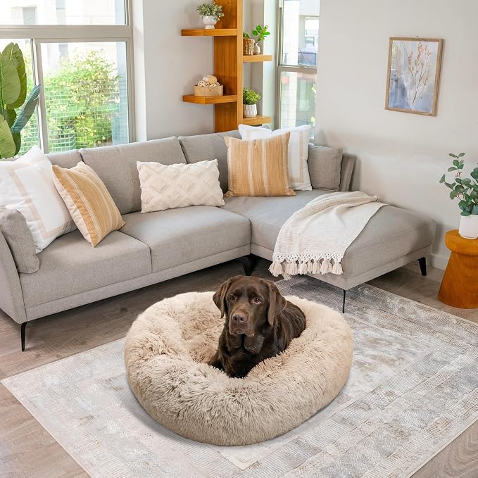 Best Friends by Sheri The Original Calming Donut Dog Bed for Large Dogs up to 100 lbs, Shag Faux Fur, Taupe, Large, 36" x 36"