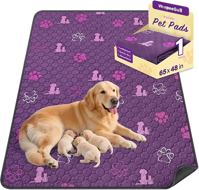 WanpeeGoo Washable Pee Pads for Dogs, Waterproof, 65 x 48 in, 1 Pack, Purp | Super Absorbent, Waterproof and Non-Slip; Washable, Reusable Dog Pads for Crates, Playpens, Floors, Furniture and Travel
