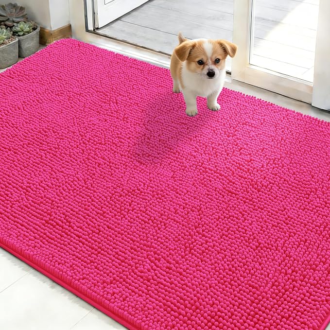 OLANLY Dog Door Mat for Muddy Paws 50x30, Super Absorbent Chenille Mud Mat | Hot Pink, Absorbs Moisture and Dirt, Non-Slip Machine Washable Doormat, Quick-Drying Indoor Entryway Floor Carpet for Dogs