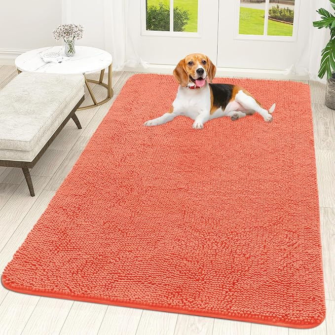 OLANLY Dog Door Mat for Muddy Paws 59x35, Super Absorbent Chenille Mud Mat | Coral, Absorbs Moisture and Dirt, Non-Slip Machine Washable Doormat, Quick-Drying Indoor Entryway Floor Carpet for Dogs