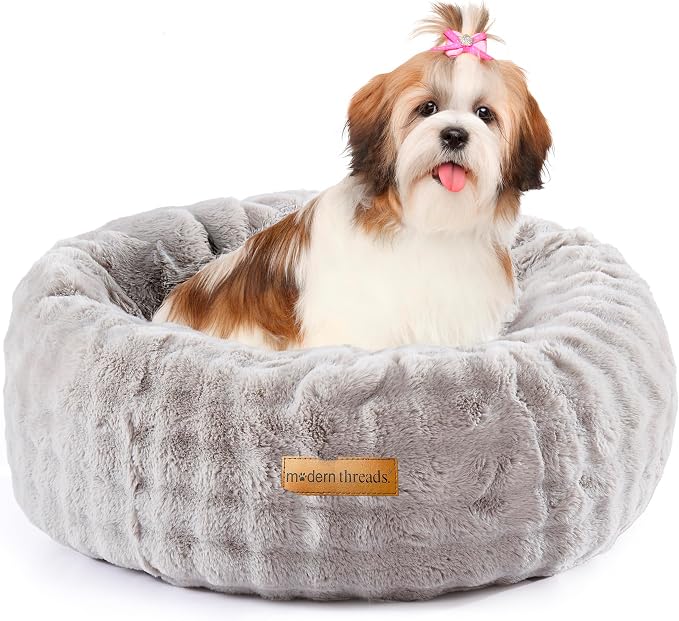 Modern Threads Calming Donut Dog Bed for Small Dogs, Plush Round Faux Fur Pet Bed with Raised Bolster, Soft Washable Dog Bed, 24x24x9, Gray