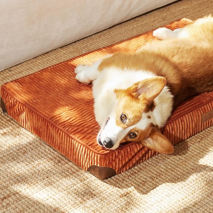 FUKUMARU Large Dog Bed, Thickened Waterproof Dog Mat with Washable Cover | Corduroy Orthopedic Dog Bed for Crate, 28D Egg Crate Foam Support Pet Mat, Cozy Flat Dog Pad with Anti-Slip Bottom