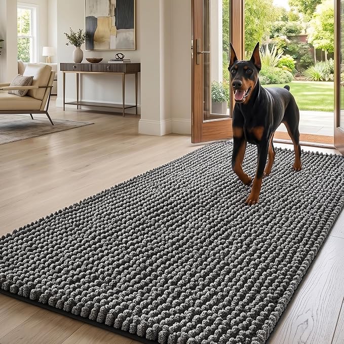 EHEYCIGA Super Absorbent Dog Door Mat for Muddy Paws 60x36 Inch Indoor, Front Doormat Outside Entrance, Quick Dry Chenille Washable Dog Crate Bed, Non-Slip Pet Rug Mud Mat Outdoor Entryway, Grey