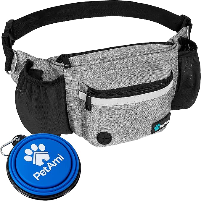 PetAmi Dog Fanny Pack, Treat Pouch for Dog Walking Training, Light Gray | Built in Poop Bag Dispenser, Water Bottle Holder, Collapsible Bowl, Pet Treat Waist Belt for Hiking Running Kibbles