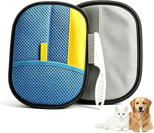 SHIAWASENA Pet Hair Removal Gloves, 2 Pack Electrostatic Washable Blue Mesh with Grooming Comb | Pet Hair Remover for Laundry, Couch, Furniture, Carpet, Car Seat, Cats & Dogs,Reusable