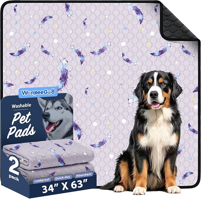 Washable Dog Pee Pads, Non-Slip Waterproof, 34 x 63 in, 2 Pack, Feather | Super absorbent, waterproof and non-slip; washable, reusable dog pads for crates, playpens, floors, furniture and travel