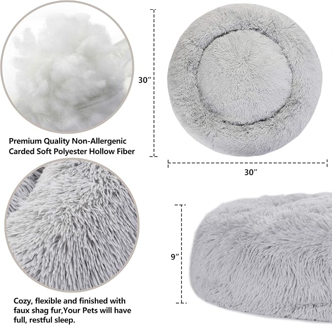Donut Dog Bed Calming Ultra Soft Shag Faux Fur Dog Bed Comfortable Donut Cuddler for Dogs and Cats,Self Warming and Washable (30 Inches, Grey)