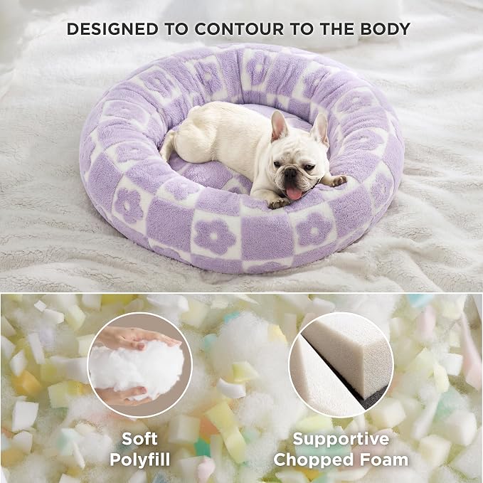 LE SURE Shown on TV Donut Dog Bed Medium - Round Cat Beds Indoor as Bed Gift for Calming with Washable Cover, Cute Home Decor Bed with Jacquard Shaggy Plush & Anti Slip Bottom, 30 Inch, Flower Checks