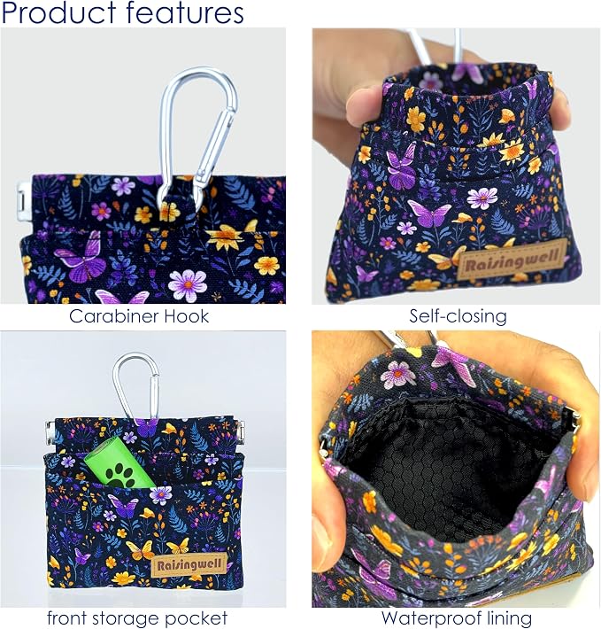Raisingwell Dog Treat Pouch, Pocket Sized Pet Training Pouch, Cotton Fabric, Hand Free Purple Flower Dog Walking Bag with Carabiner, Self-Closing Pet Feed Snack Reward, for Puppy Travel or Outdoor Use