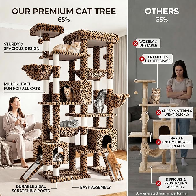 Sha Cerlin 87 in Multi-Level Tall Cat Tree Tower for Large Cats/Extra Wide Feline Activity Center/Sisal Scratching Posts/Wide Base/Cozy Plush Perches/Baskets/Hammocks/Toy Balls/Leopard Print