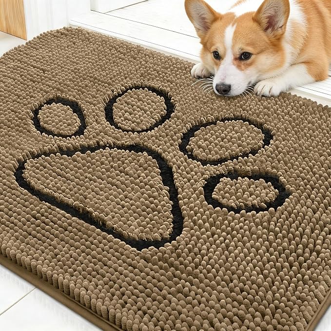 OLANLY Dog Door Mat for Muddy Paws 30x20, Paw Print Design Chenille Mud Mat | Tan, Super Absorbent, Traps Moisture and Dirt, Non-Slip Washable Doormat, Quick-Drying Indoor Entryway Floor Carpet for Dogs
