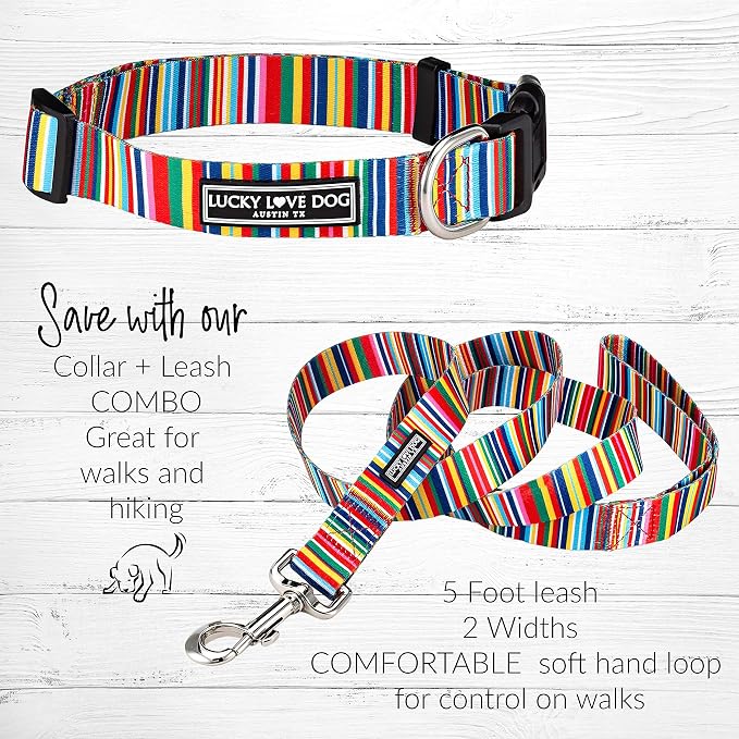 Lucky Love Dog - Easy Click Buckle Dog Collar with Leash Set Combo, Durable & Comfortable for Male & Female Dogs, Pet Collar for Medium Dogs, Secure Fit - Hippie Combo, Medium