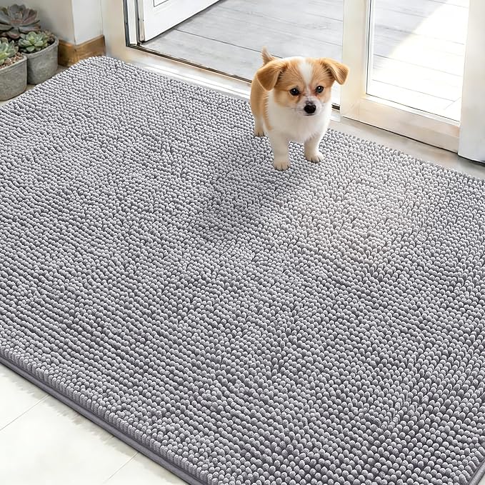 OLANLY Dog Door Mat for Muddy Paws 50x30, Super Absorbent Chenille Mud Mat | Light Grey, Absorbs Moisture and Dirt, Non-Slip Machine Washable Doormat, Quick-Drying Indoor Entryway Floor Carpet for Dogs