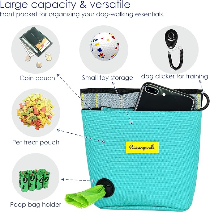Raisingwell Dog Treat Pouch for Pet Walking and Training with Clicker 2 Cup Silicone Bag Small Fanny Pack Holder for Puppy Snack Dispenser Kit for Leash and Outdoor Use (Green)