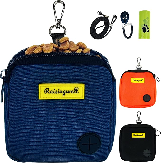 Raisingwell Dog Treat Pouch for Pet Walking and Training with Clicker Poop Bags Small Fanny Zipper Pack Holder for Puppy Snack Dispenser Kit for Leash and Outdoor Use (Blue)
