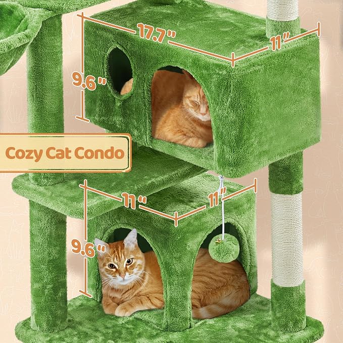 Topeakmart 57in Cat Tree Tower with Scratching Posts for Multiple Cats | Easy to assemble, a great first cat tree with perches, hammock and anti-tip strap, ideal for small to medium cats, green