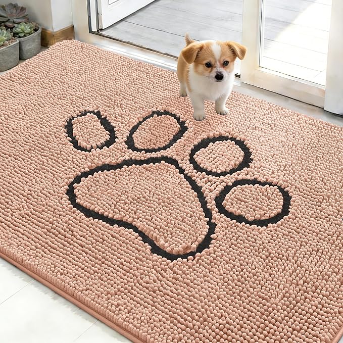 OLANLY Dog Door Mat for Muddy Paws 48x30, Paw Print Design Chenille Mud Mat | Peach, Absorbent, Traps Moisture and Dirt, Non-Slip Washable Doormat, Quick-Drying Indoor Entryway Floor Carpet for Dogs