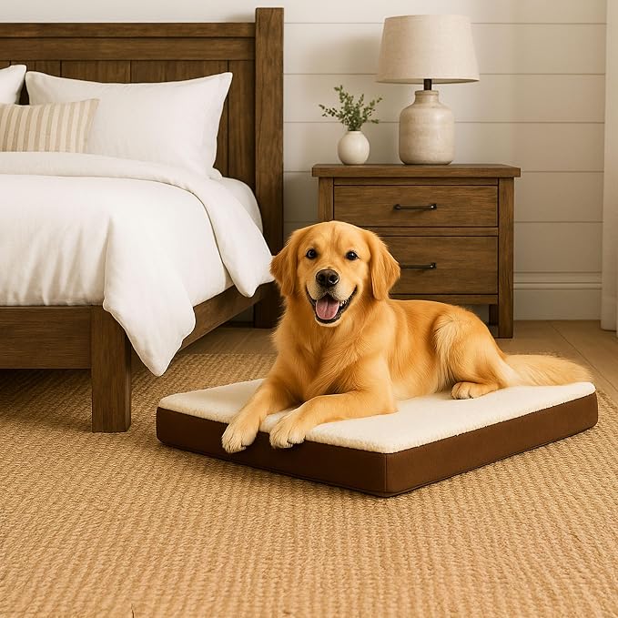 Orthopedic Dog Bed - 2-Layer Memory Foam Crate Mat with Machine Washable Sherpa Cover - 36x27 Pet Bed for Large Dogs Up to 65lbs by PETMAKER (Brown)