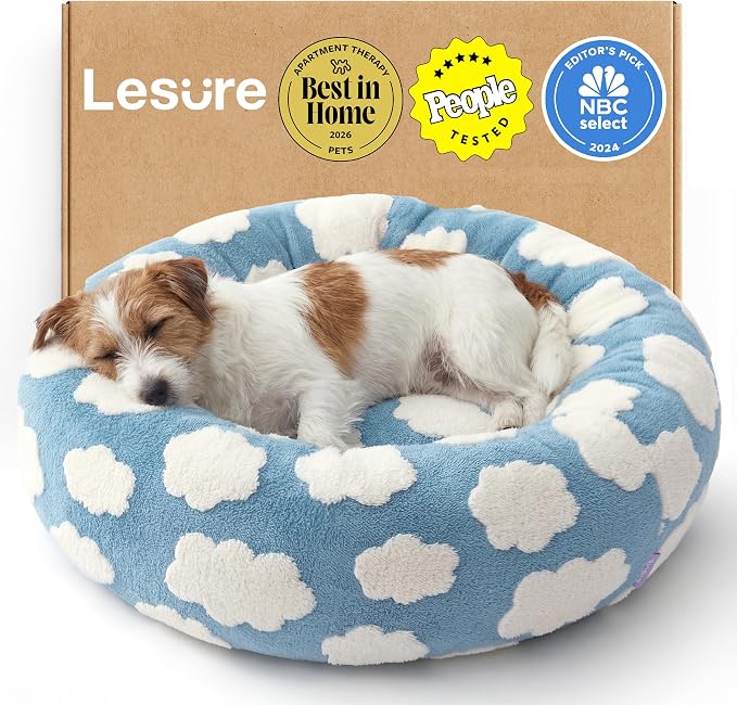 LE SURE Donut Small Dog Bed - Round Cat Beds for Indoor Cats as Gift, Cute Modern Home Decor Beds with Jacquard Shaggy Plush & Anti Slip Bottom, 27 Inch, Blue
