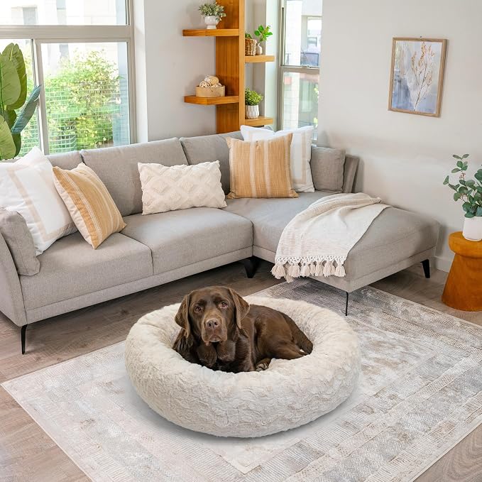 Best Friends by Sheri The Original Calming Donut Dog Bed for Large Dogs up to 100 lbs, Lux Faux Fur, Oyster, Large, 36" x 36"