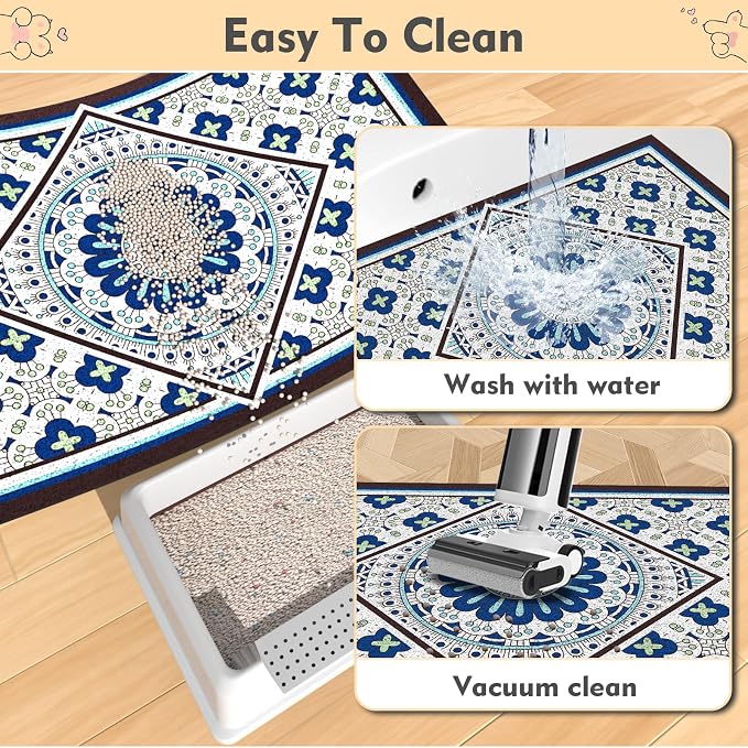 Bohemian Kitty Litter Mat 24"x17",Non-Slip Litter Box Mat, Washable Cat Litter Rug Catcher,Double-Layer Litter Trapping Mat for Scatter Control, Easy Clean Cat Food Mat & Floor Protector