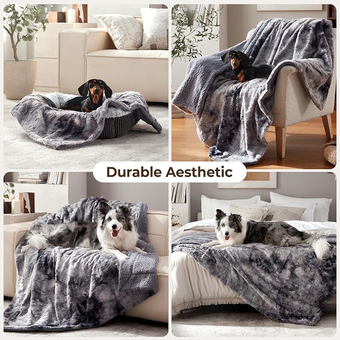 Waterproof Dog Blanket for Extra Large Dogs, Washable Pet Blankets for Couch Furniture Protection with Soft Plush Reversible Design, Cat Throw for Calming Kitten Doggy, Tie-dye Grey, 60x80
