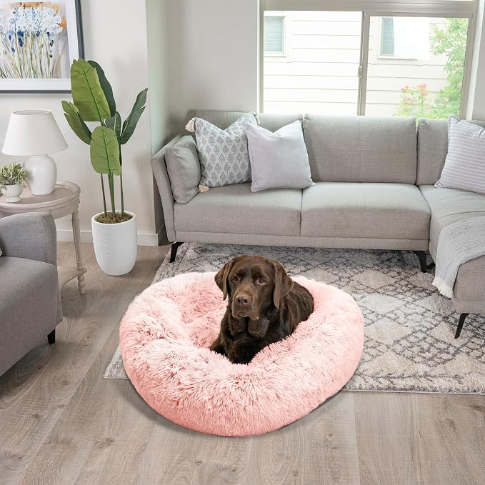 Best Friends by Sheri The Original Calming Donut Dog Bed for Large Dogs up to 100 lbs, Shag Faux Fur, Cotton Candy Pink, 36" x 36"