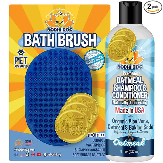 Bodhi Dog Shampoo Brush & Oatmeal Shampoo and Conditioner Bundle - Soothes and Moisturizes Dry, Itchy Skin - Bath Bundle for Shower, Showerhead, Sprayer & Bathing