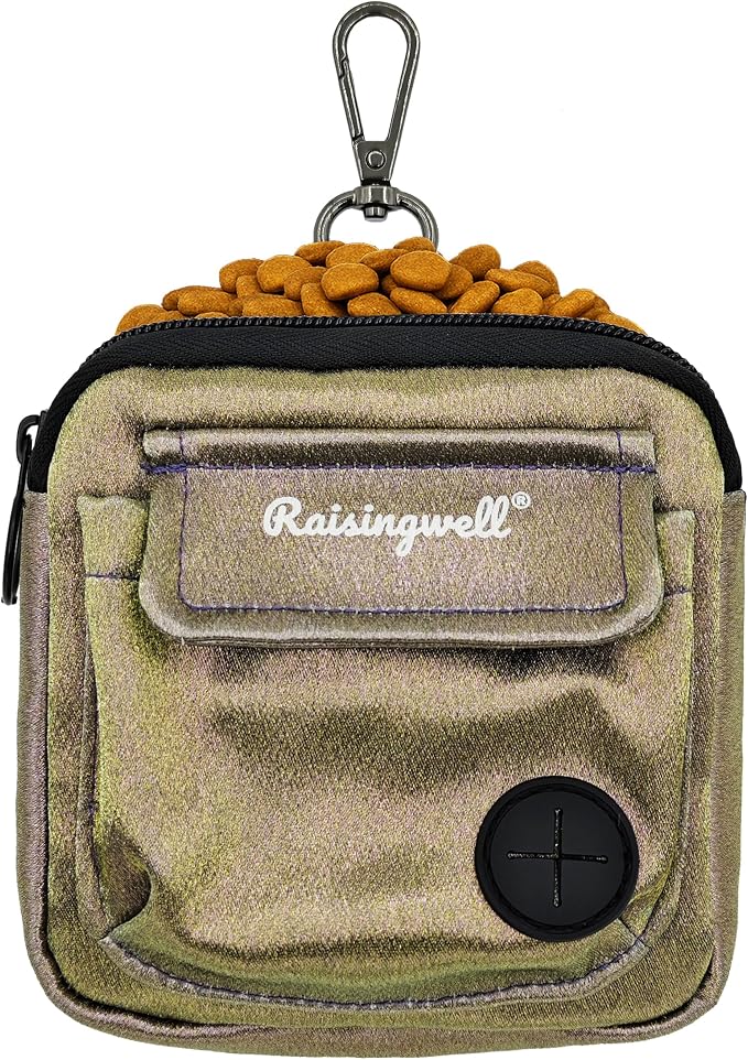 Dog Treat Pouch for Pet Walking and Training with Clicker Poop Bags and Double Bag Design Small Fanny Zipper Pack Holder for Puppy Snack Dispenser Kit for Leash and Outdoor Use (NM-Bronze