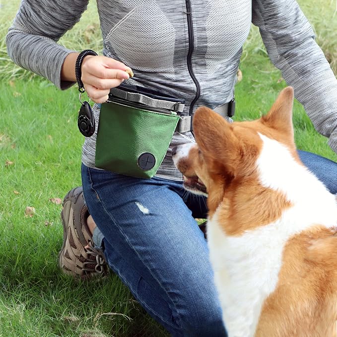 Dog Treat Pouch with Pet Training Clicker, Dog Training Treat Pouch Kit, Magnetic Closure, Hands-Free Training (Green)