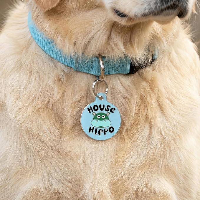 Bad Tags Personalized Dog and Cat ID Tags in 25+ Designs and 2 Sizes - 5 Lines of Custom Engraved Text - Funny Cute Personalized Pet Tags (House Hippo - Blue, Small (1 inch))