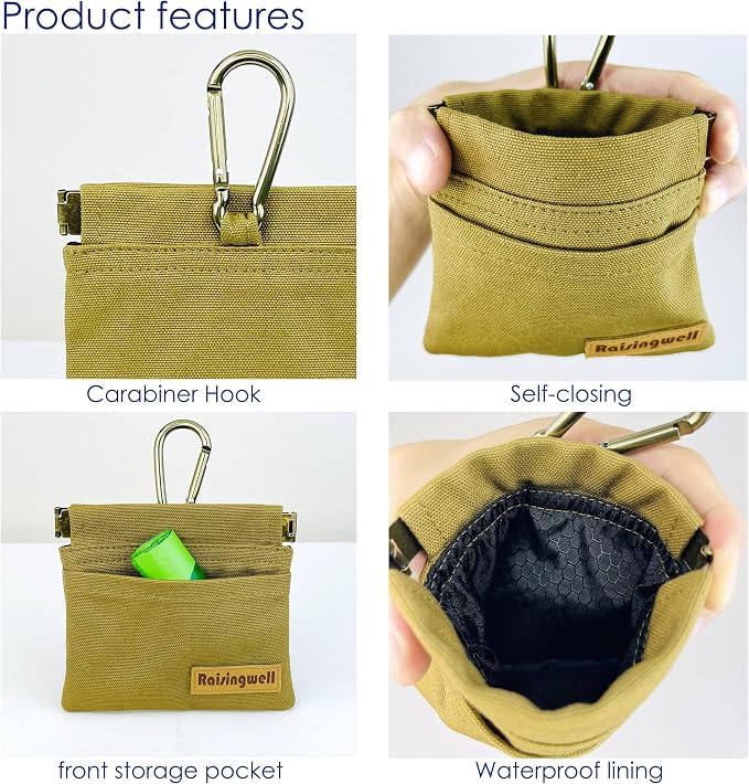 Raisingwell Dog Treat Pouch, Brown Pocket Sized Pet Training Pouch, Cotton Fabric, Hand Free Dog Walking Bag with Carabiner, Self-Closing Pet Feed Snack Reward, for Puppy Travel or Outdoor Use