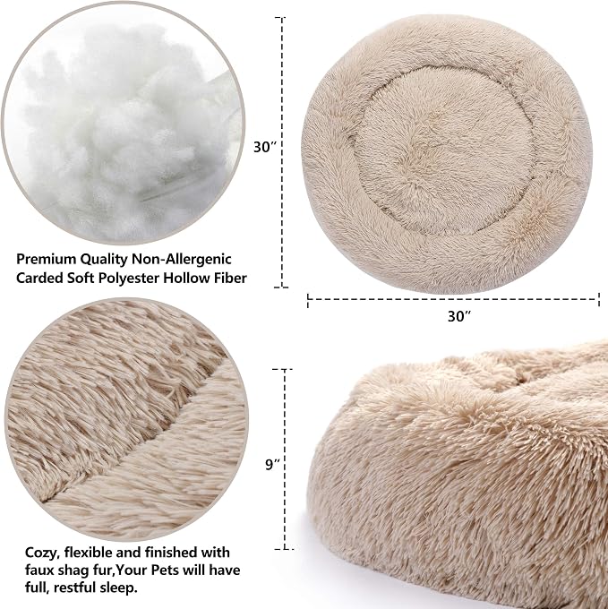 Donut Dog Bed Calming Ultra Soft Shag Faux Fur Dog Bed Comfortable Donut Cuddler for Dogs and Cats,Self Warming and Washable (30Inches, Beige)