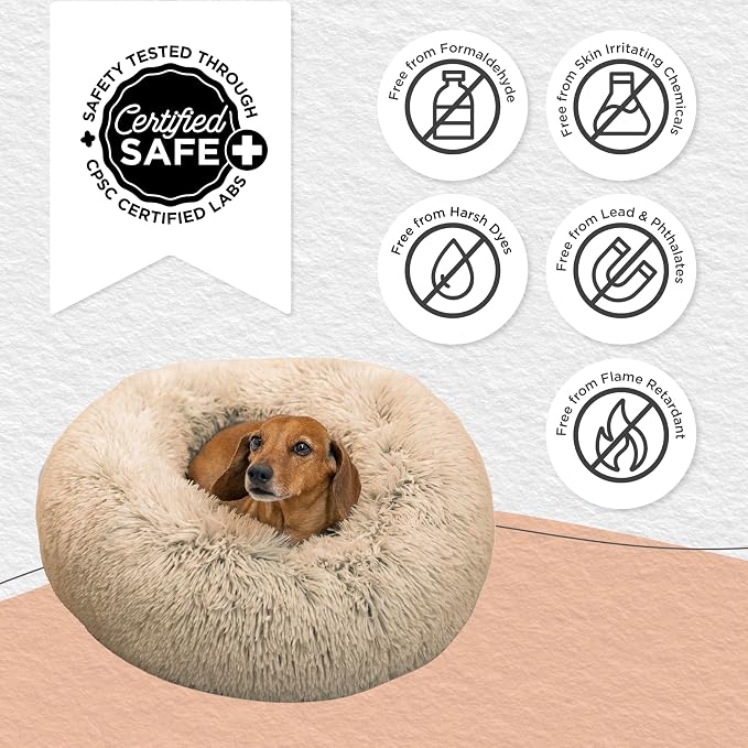 Best Friends by Sheri The Original Calming Donut Dog Bed for Small Dogs up to 25 lbs, Shag Faux Fur, Taupe, 23" x 23"