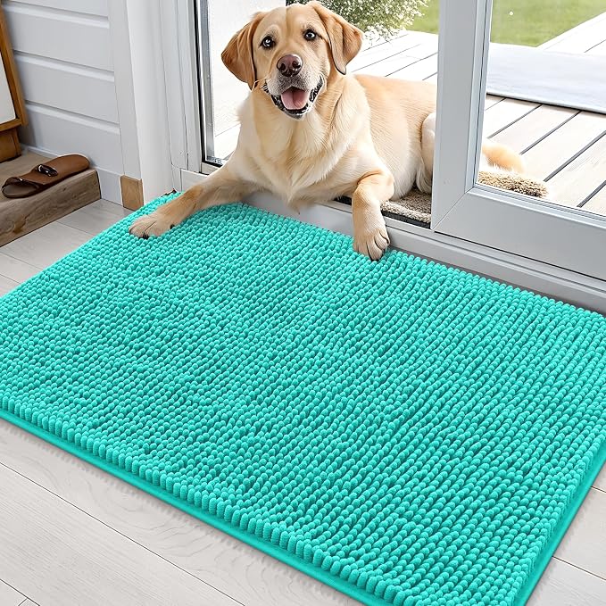 OLANLY Dog Door Mat for Muddy Paws 36x24, Super Absorbent Chenille Mud Mat | Teal, Absorbs Moisture and Dirt, Non-Slip Machine Washable Doormat, Quick-Drying Indoor Entryway Floor Carpet for Dogs